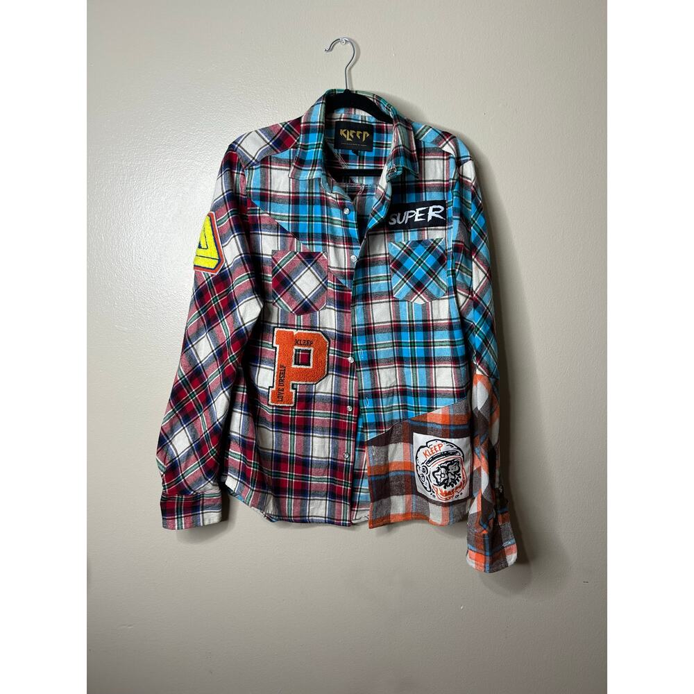 Men’s Large Kleep Gallant Premium Flannel Button Down Shirt Mixed Plaid Patches